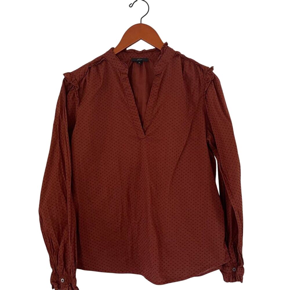 J. Crew Brown Swiss Dot V-Neck Pullover Blouse Ruffle Neck/Sleeves, S